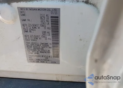 2015 Nissan Rogue S z USA, uszkodzony, nr VIN 5N1AT2MV4FC855185